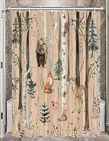JAWO Camper Shower Curtain, Rustic Lodge Cabin Woodsy Wildlife Animals Woodland Rv Shower Curtains Camper Camping Bathroom Set with Hooks, 47X64 Inch, Brown