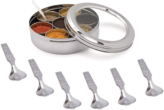 Stainless Steel Transparent Masala Dabba - 7 Containers, Steel Masala Box, Kitchen Spice Box