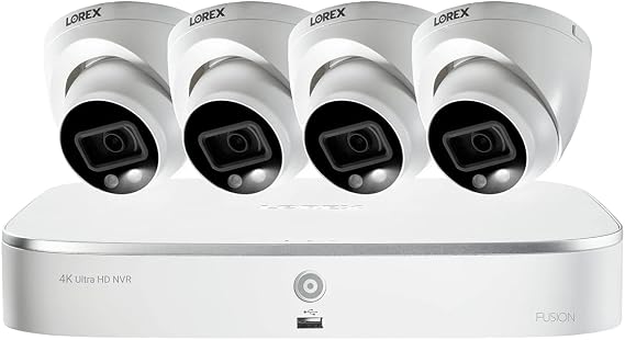 Lorex 4K Security Camera System Ultra HD IP Indoor/Outdoor Wired POE Metal Dome Camera with Smart Motion Detection Active Suppression Video Surveillance 2TB 8 Channel NVR 4 Camera