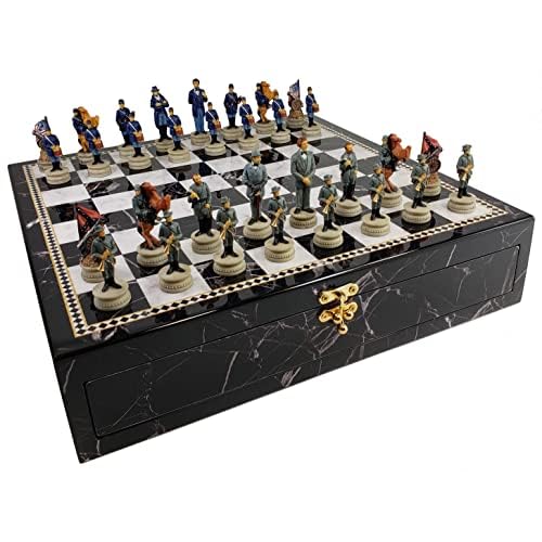 HPL US American Civil War Generals Chess Set with 17 Black and White Faux Marble Storage Board