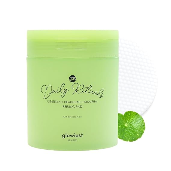 glowiest Daily Rituals Peeling Pads - 2% Niacinamide, AHA BHA PHA & Hyaluronic Acid - Dual-Sided Exfoliating Pads with Glycolic Acid for total face & body glow (Centella + Heartleaf)