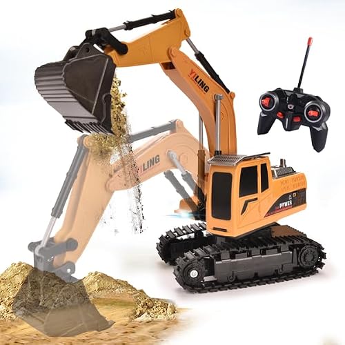 Construction Toy-Remote Control Excavator, Engineering Digger Truck Toy with Metal Shovel Drill Grab, RC Rechargable Hydraulic Car for Boys Girls 4 5 6 7 8 9 Year Old