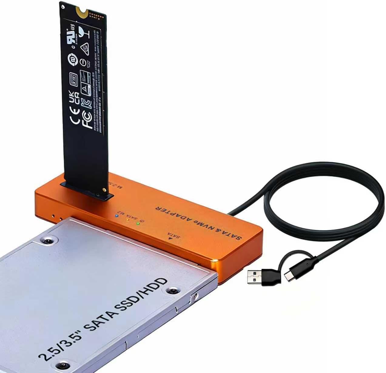 SATA NVMe SSD to USB Reader Adapter, Dual-Bay 2 in 1 Hard Drive Reader
