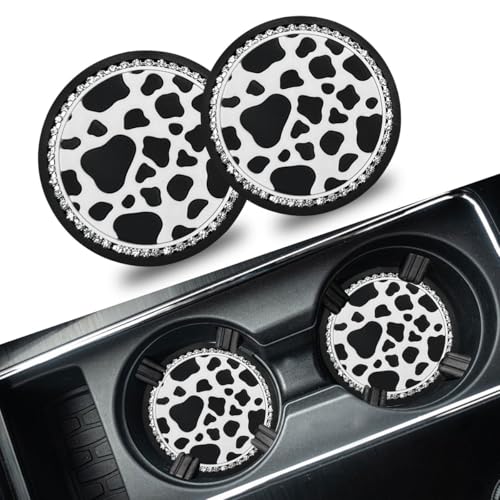 2PCS Bling Cup Coasters for Car, PVC Anti Slip Car Coasters for Cup Holders, Cute Cow Print Cup Holder Insert Coaster, 2.72 Inch Universal Car Accessories for Women Girl Cow Print