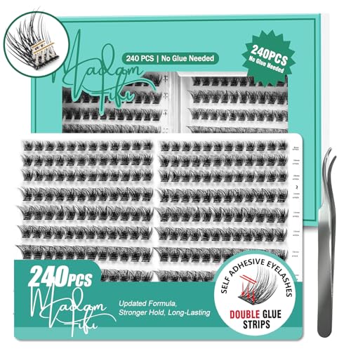 Self Adhesive Lash Clusters, 240 Pcs Individual Eyelashes No Glue Needed, 816mm Fluffy Wispy Cluster Lashes, DIY Lash Extension Kit for Natural Volume Look with Tweezers