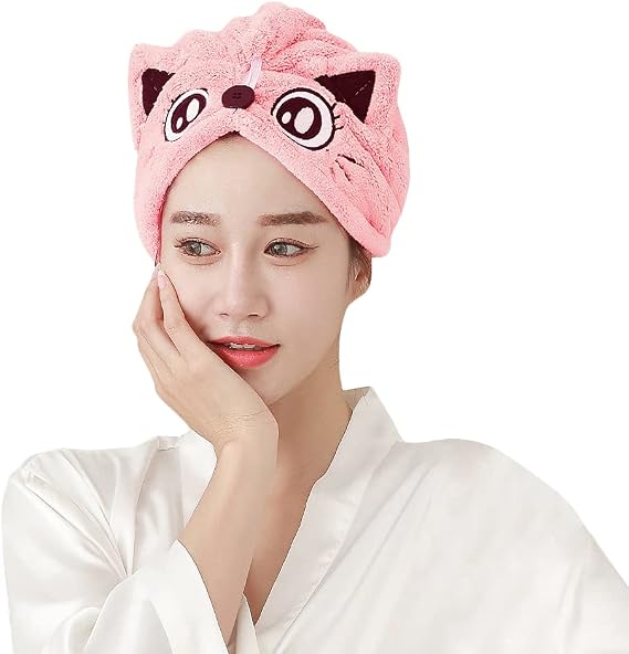 Microfiber Hair Drying Cap Super Absorbent Hair Drying Towels Wrap Women Girls Quick Dry Hair Turban Cap with Button Design Bath Shower Head Wrap Elastic Fast Magic Dryer Hat Towel (Pink)