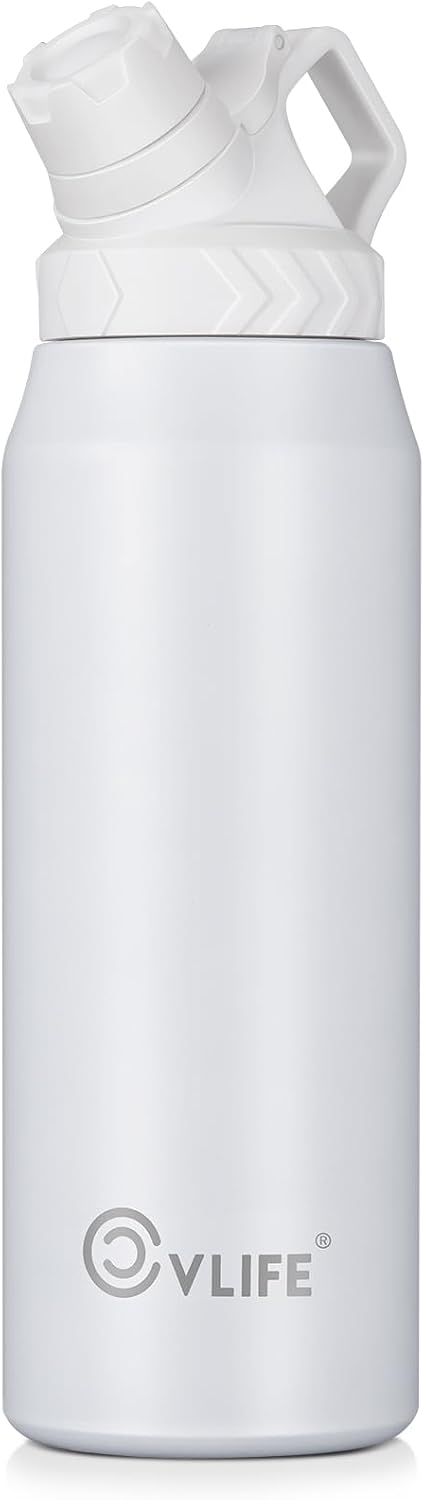 CVLIFE Insulated Water Bottle, 32 oz Stainless Steel Metal Water Bottle, Slanted Lid Design Travel Thermos Bottle, BPA Free, Lightweight and Leakproof, Suitable for Sports, Travel, Hiking, White