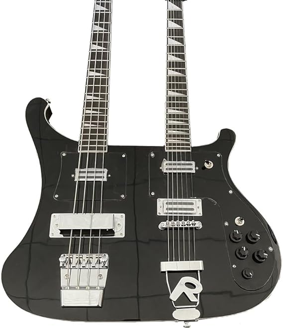 Custom Double Neck Guitar: 4-String Bass & 6-String - Black