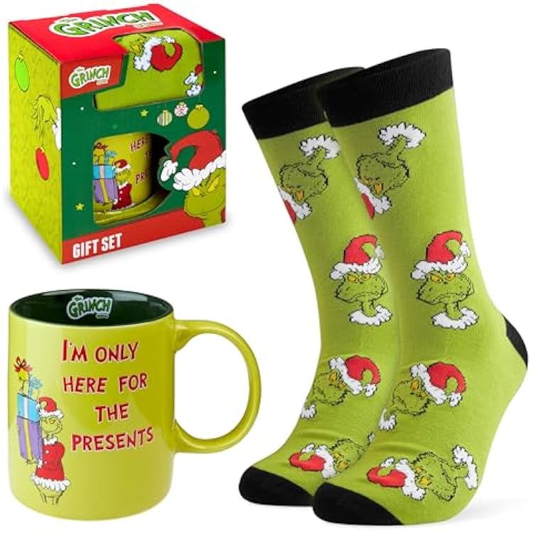 The Grinch Mug & Socks Gift Set for Women Men Teens, 11oz Tea Coffee Cup & Crew Socks US Size 7-11, Festive Holiday Christmas Secret Santa Gifts