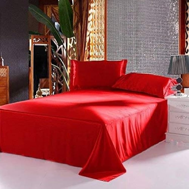 100% Pure Silk Satin Sheet Set 4pcs, Silk Fitted Sheet 15 Deep Pocket Mattress fit,Silk Flat Sheet&Silk Pillowcases Set Soft Silk Sheets|Wrinkle Free Fade Resistant.Blood Red,King