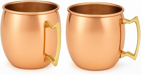 Modern Home Handmade 16oz Solid Copper Mule Mugs Barrel Shaped Mug with Brass Handle & Smooth Texture Perfect for Gifts or Party Favors (Set of 2)