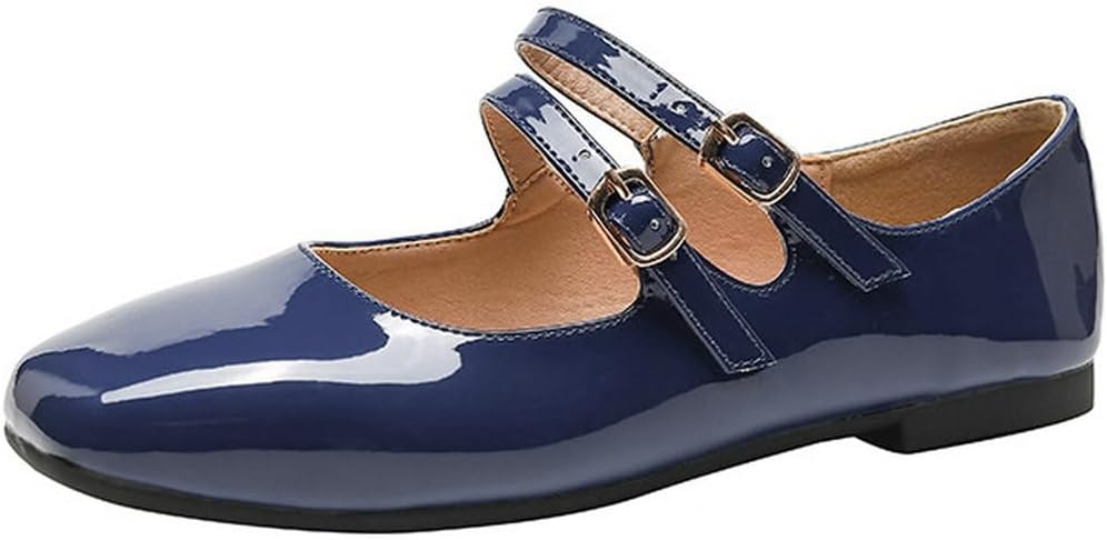 DINTAHA Square Toe Ballet Flats for Women Patent Leather Mary Jane Flats with Straps Wedding Dress Shoes
