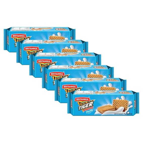Britannia Tiger Kreemz Vanilla Biscuits 2.64oz (75g) - Pack of 6 - Healthy & Delicious - Kids Breakfast & Tea Time Snacks
