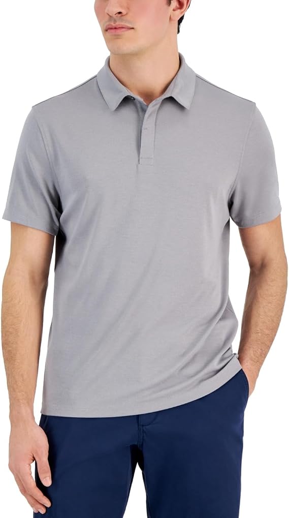 Alfani Mens Regular fit Short Sleeve Polo Shirt Small Grey Solid Stretch