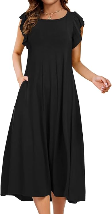 Wkior Womens Sundress Summer Dresses Casual Ruffle Sleeve Crew Neck A-Line 2025 Flare Midi Long Dress with Pockets