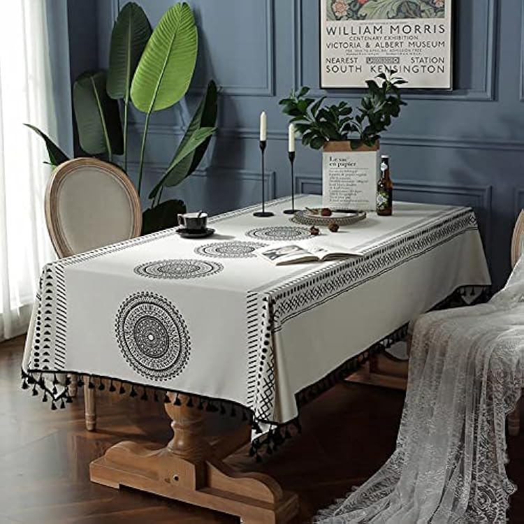 Boho Kitchen Rectangle Tablecloth with Tassels, Soft Fabric Stripe Geometric Floral Tablecloth for Party, Linen Table Cloth for Birthday Dinning Table Decor, Rectangular 55x70