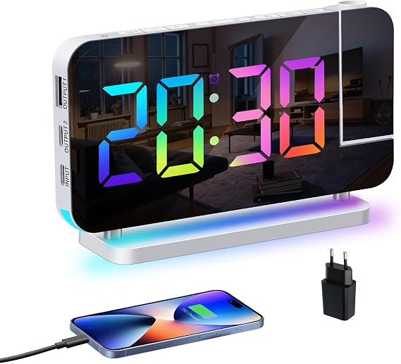 Alarm Clock with Projection: 7 Inch Digital Mirror Clocks with 180° Rotating Projector Digital Alarm Clock for Bedroom