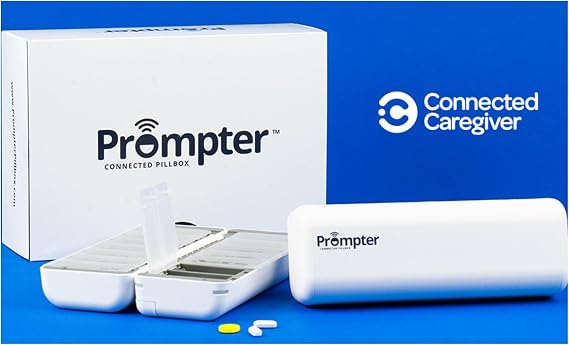 Prompter Connected Pillbox, Smart Pill Reminder Management with Lights, Cell Alerts, Caregiver Monitoring and Notifications for Potential Missed Doses, Organize Pills and Stay Organized