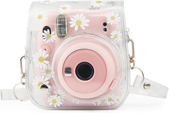 Clear Camera Case for Fujifilm Instax Mini 12/11/9/8 Instant Camera with Adjustable Shoulder Straps (Transparent Daisy)