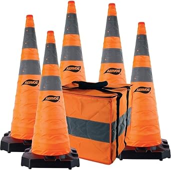 Aervoe 1187-5 Heavy Duty 36 Collapsible Safety Cone with LED Light 5 Pack, Collapses Flat for Easy Storage, Made of Durable Nylon, Reflective 4 and 6 Stripes, Includes 2 Blinking Red LED Lights