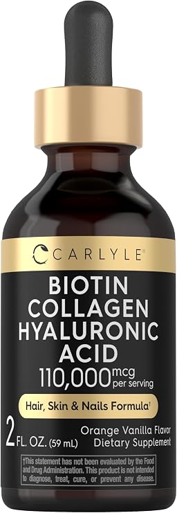 Carlyle Liquid Biotin and Collagen 110,000mcg | 2 fl oz | with Hyaluronic Acid | Orange Vanilla Flavor | Hair, Skin and Nails Formula | Non-GMO,