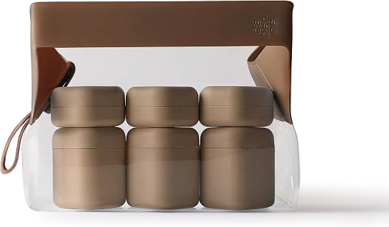 Cadence Parcel Clear Toiletry Bag with 3 Medium & 3 Small Refillable Capsules, 1qt TSA Approved, Leak Proof Modular Travel Bag, Clear Makeup Bag with Magnetic Closure Mocha