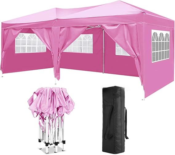 10'x20' Pop up Canopy Tent with 6 Removable Sidewalls, Folding Outdoor Gazebo with Carrying Bag, Wedding Party Tent with 4 Sandbags, UPF 50+ Shade Shelter for Backyard, Garden, Patio (Pink)