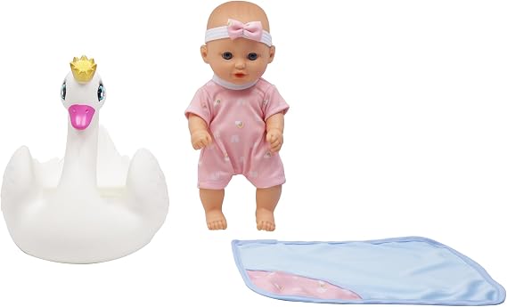 Dream Collection: 10" Bath Time Baby Doll & Swan Floatie Set - Onesie Outfit & Headband, Swaddle Blanket Towel, Hard Body, Water Play Toy Set, Kids 2+