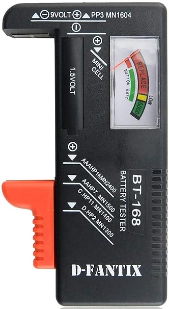 D-FantiX Battery Tester for AAA AA C D 9V, Universal Battery Charge Checker | Small 1.5V Button Cell Household Batteries, Model BT-168