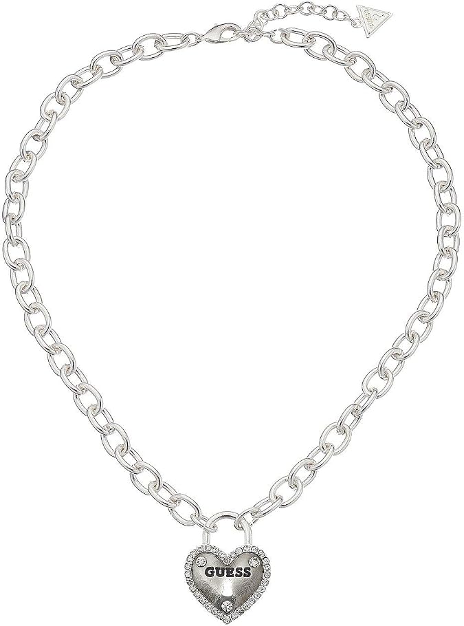 GUESS "Basic" Silver Framed Heart Logo Pendant Necklace, 18" + 2" Extender