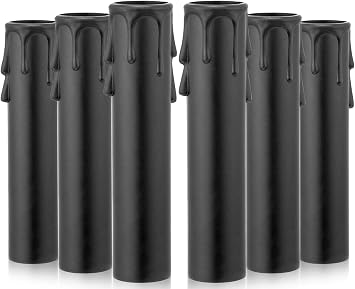 Drip Candle Socket Covers - Set of 6, Chandelier Candelabra Base, 4 inch Tall Black Plastic Candle Slip Over Sleeves