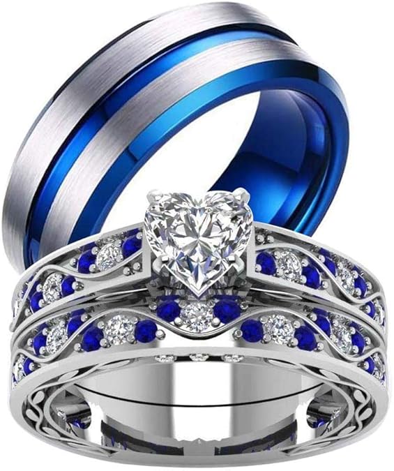 TWO RINGS Wedding Ring Sets His And Hers Promise Ring Couples Bridal Sets Women 925 Sterling Silver Heart Cz Man Brushed Finished Tungsten Carbide Wedding Bands