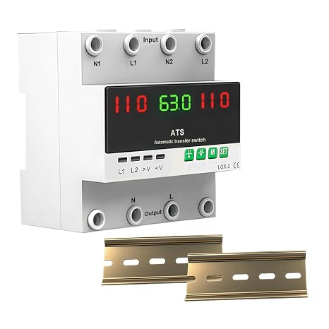 63A 110V Automatic/Manual Transfer Switch, Dual Power Selector with LED Display for Home Generator and Backup Power, L1 Priority Phase Selector, Din Rail Mount, 50/60Hz