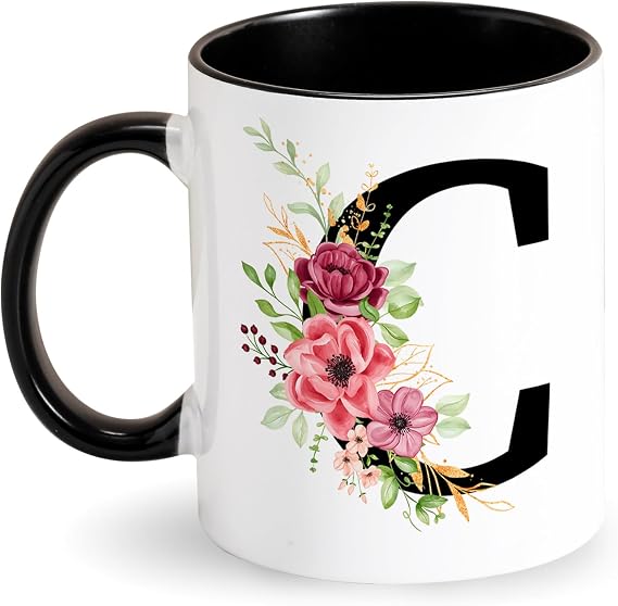 Initial Mug Letter Coffee Mug with Flowers Initial - Black Ceramic Mug - Personalised Gifts for Adults Girlfriend Lady Mum Daughter for Birthday Mother's Day Thank You (C)