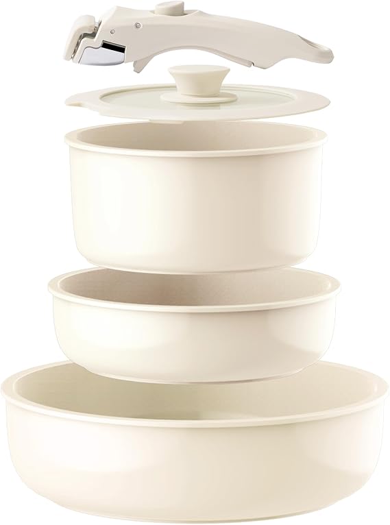 UUKRAVE Ceramic Pots and Pans Sets Non Stick, Detachable Handle Nontoxic Ceramic Cookware Set, Pots and Pans with Removable Handle for Induction, PFAS/PTFE/PFOA-Free, RV Cookware, Oven Safe (Cream)