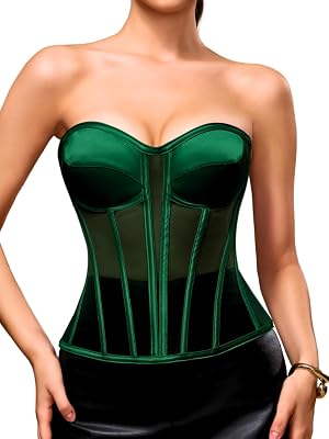 Kaei&Shi Sheer Mesh Corset Top,Overbust Satin Longline Strapless Bra,Backless Shapewear With 12 Polyester Boning