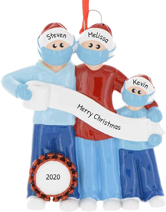 3D Masked Family of 3 Christmas Ornament 2026 Personalized Family Christmas Ornaments 2026 | Toilet Paper Pandemic Quarantine Personalized Tree Ornaments Customizable Gifts Memorial of Three Ornament