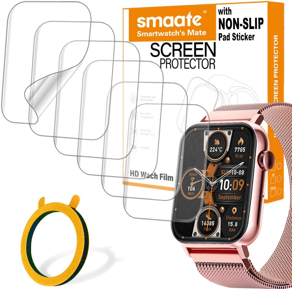 6-PACK Screen Protector Compatible with Trendia TG09 1.83” Fitness Tracker Smart Watch, Soft TPU, Full Coverage, Bubble Self-healing, with Non-Slip Pad Sticker
