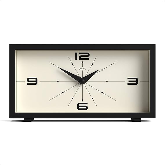 JONES CLOCKS Odeon Desk Clock | Modern Rectangular Design | Black | Stylish Retro Look for Shelf, Table, Mantel or Bedside