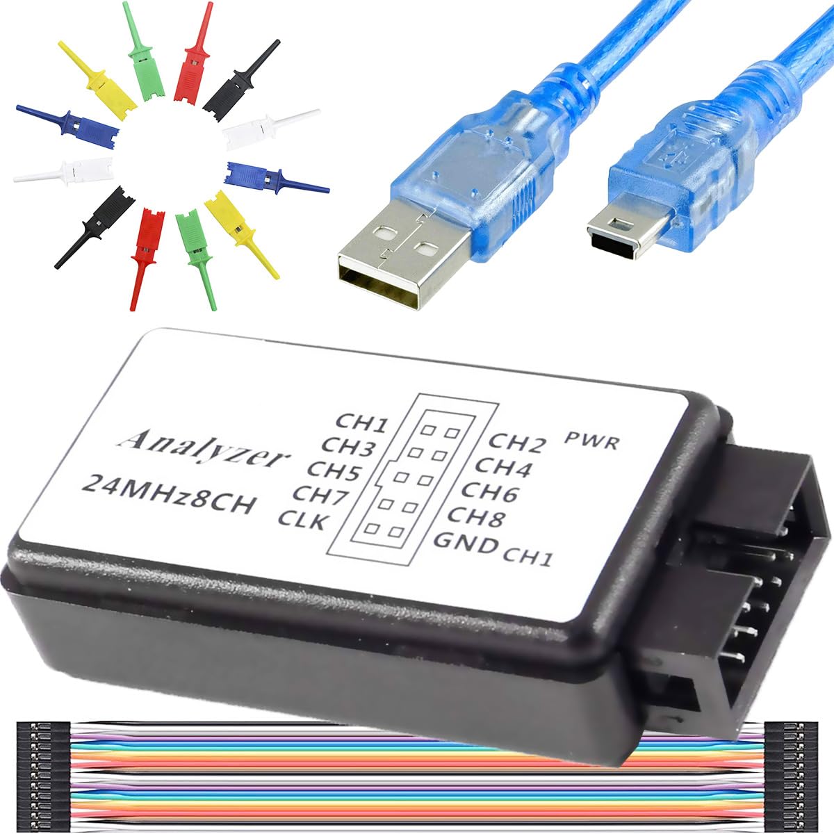 USB Logic Analyzer Kit USB Cable 24MHz 8CH 24MHz 8 Channel UART IIC SPI Debug 6 Color Test Hook Clip Set Mini and USB Cable Dupont Cable for Arduino FPGA M100 SCM