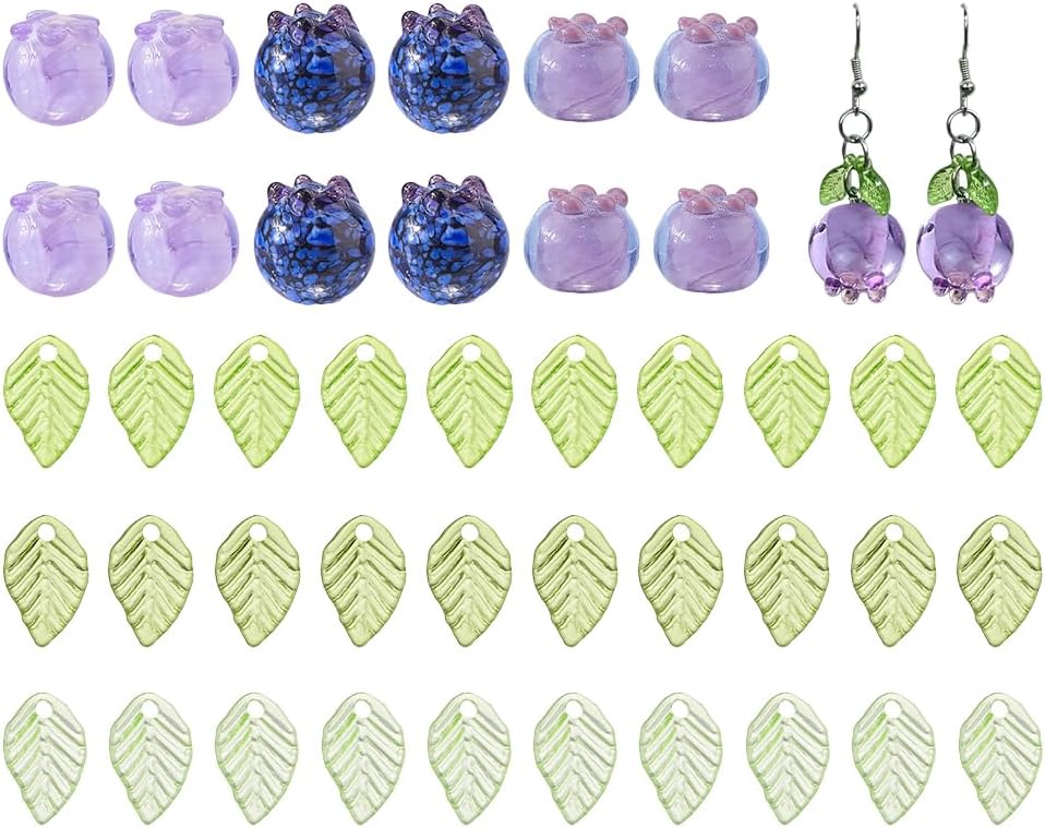 54Pcs Lampwork Blueberry Beads Lampwork Bumpy Blueberry Bead Handmade Fruit Charms with Acrylic Leaf Pendants for Jewelry Making Bracelets Necklaces Crafts