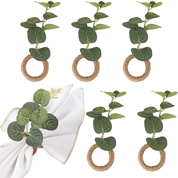 Eucalyptus Napkin Rings Set of 6,Hand Woven Napkin Holder,Boho Green Leaf Napkin Rings for Christmas Spring,Summer,Easter,Wedding Table Decoration (Eucalyptus-6pcs)