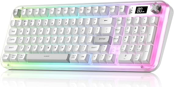 AUSDOM K98pro Wireless Silent Creamy Keyboard, Tri-Mode BT/2.4G/USB-C Computer Keyboard with Number Pad, RGB Backlit Media Knob Keyboard, White