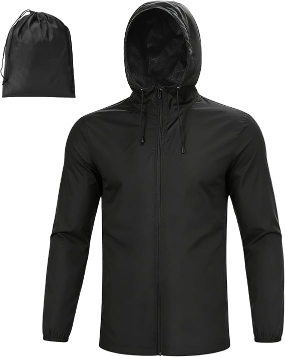 Men's Waterproof Jacket with Hood 2 Pockets And Storage Bag Black Windbreaker Coat Breathable for Outdoor Adventures, Climbing, Hiking
