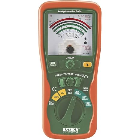 Extech 380320 Analog Insulation Tester, Megohmmeter, 250/500/1000V | Insulation to 400 MOhm, analog dial, lock power-on, AC volts to 600V, hard case, leads, batteries