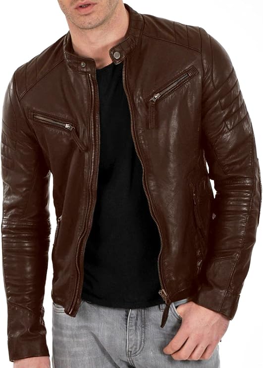 Mens Black and Brown Lambskin Leather Jacket | Genuine Leather Vintage Motorcycle Jacket For Men