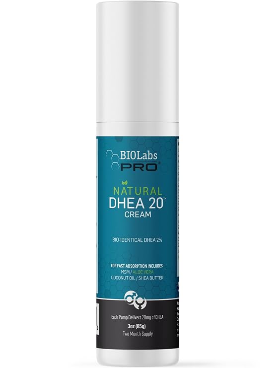 BIOLABS PRO All Natural Bioidentical 20mg DHEA Cream, for Men or Women | Two-Month Supply (Unscented, 3.0oz)