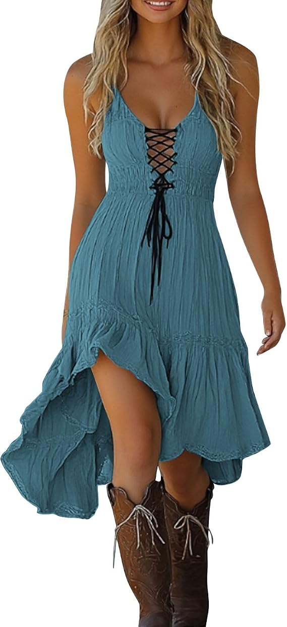 Yihaojia Women Boho Cotton Gauze Dress Sleeveless V Neck Flowy Irregular Hem Sundress with Drawstring for Summer Vacation