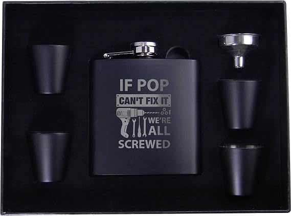 If Pop Can't Fix It We're All Screwed, Customized/Personalized Laser Engraved Black Stainless Steel Matte Portable Premium Hip Flask, Gift Box, (4) Shot Glasses, Funnel