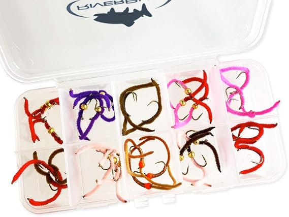 RiverBum San Juan Worm Trout Fly Assortment - 30 Piece Nymph Fly Fishing Flies with Fly Box